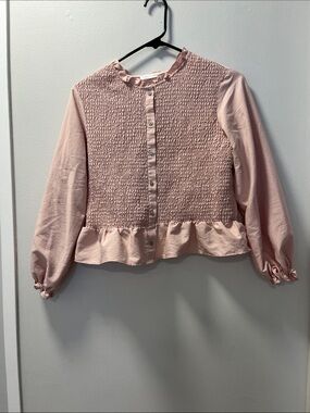 Zara Light Pink Smocked Peplum Long-Sleeve Top